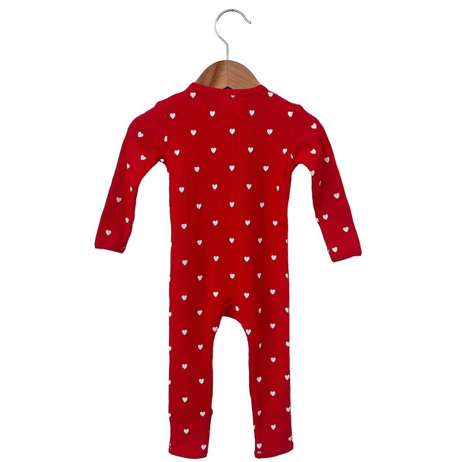 Boy SpearmintLOVE | Organic Waffle Basic Zip Romper, Little White Heart (On Red)