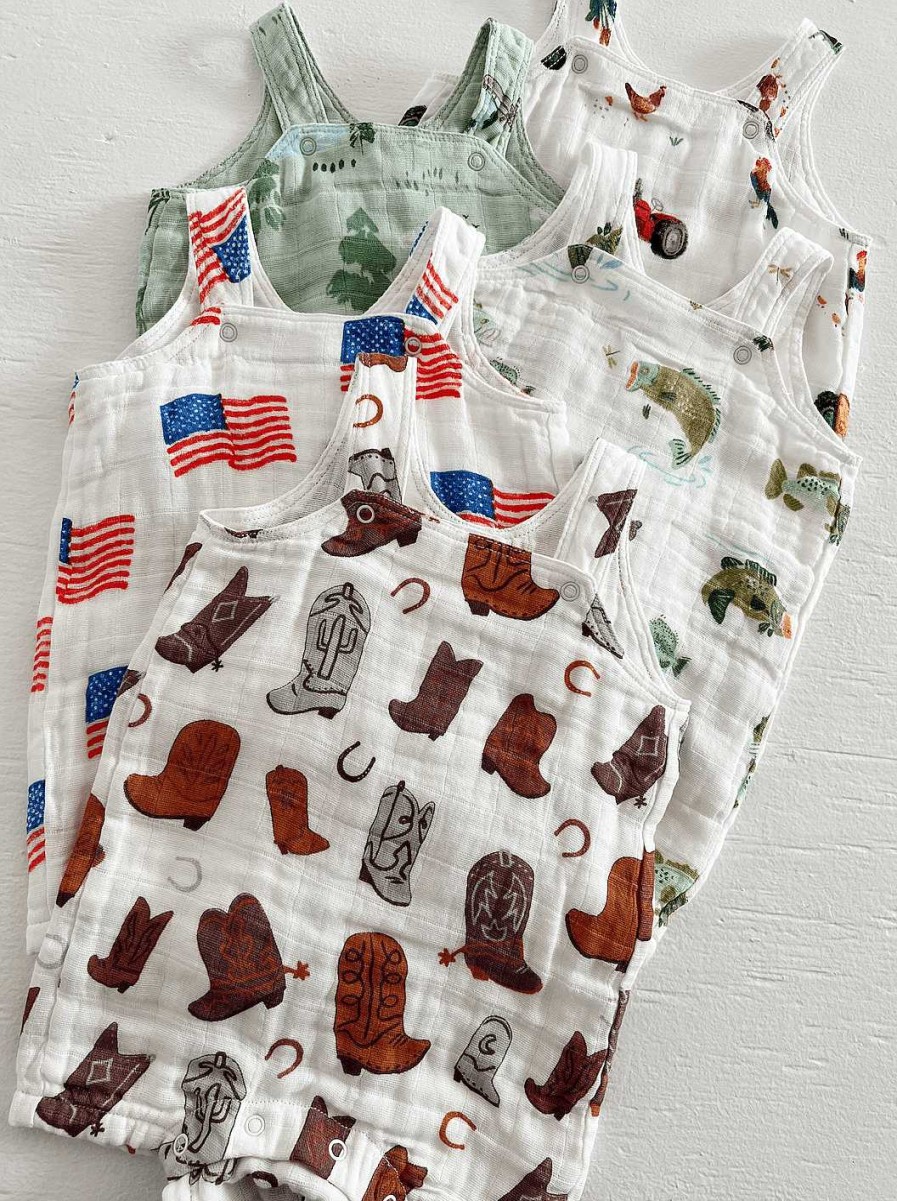 Boy Angel Dear | Muslin Overall Shortie, American Flag