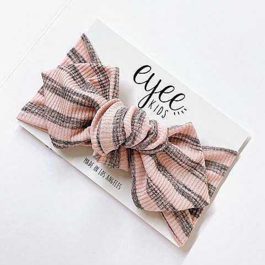 Girl Eyee Kids | Top Knot Headband, Ribbed Blush/Grey Stripe