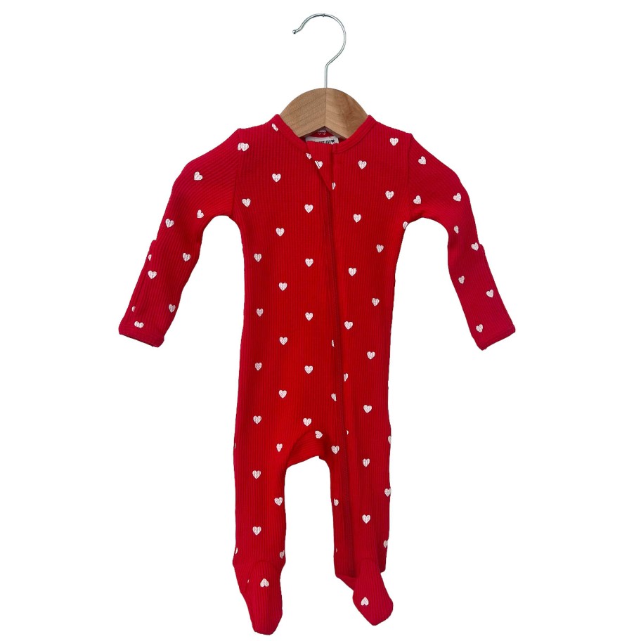 Boy SpearmintLOVE | Organic Waffle Basic Zip Footie, Little White Heart (On Red)