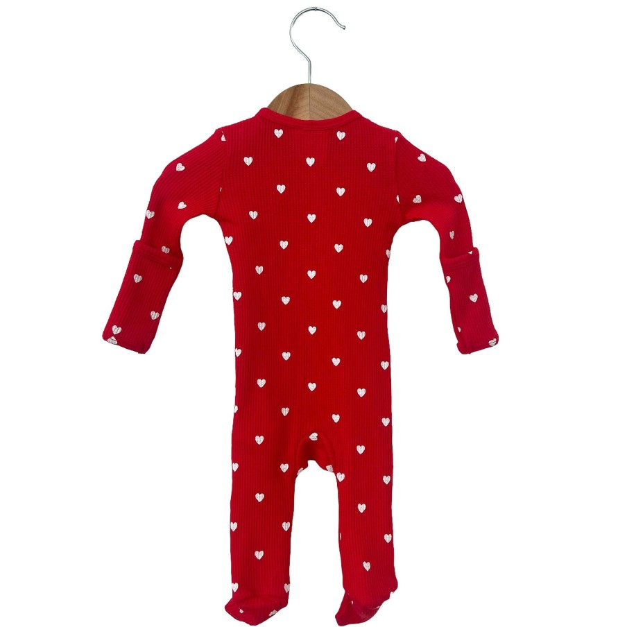 Boy SpearmintLOVE | Organic Waffle Basic Zip Footie, Little White Heart (On Red)