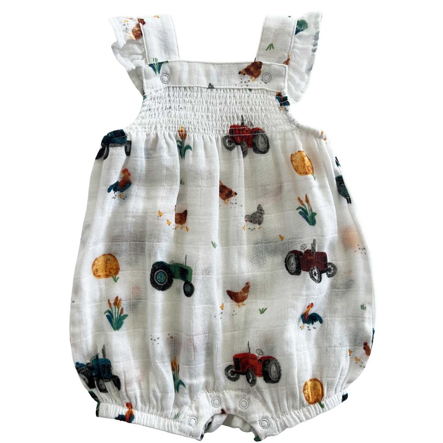 Girl Angel Dear | Muslin Smocked Overall Shortie, Tractors