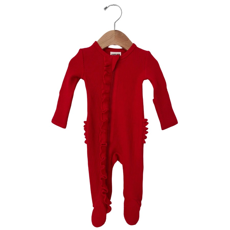 Girl SpearmintLOVE | Organic Waffle Ruffle Zip Footie, Red