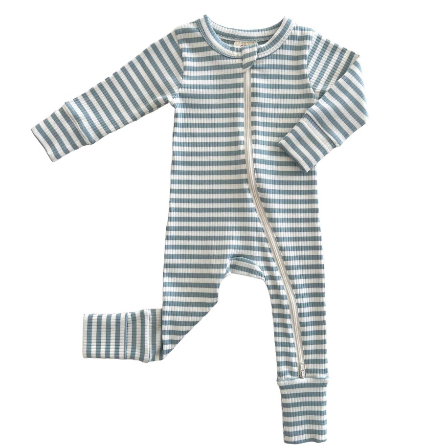 Boy SIIX Collection | Dusty Blue Stripe / Organic Ribbed 2-Way Zip Romper