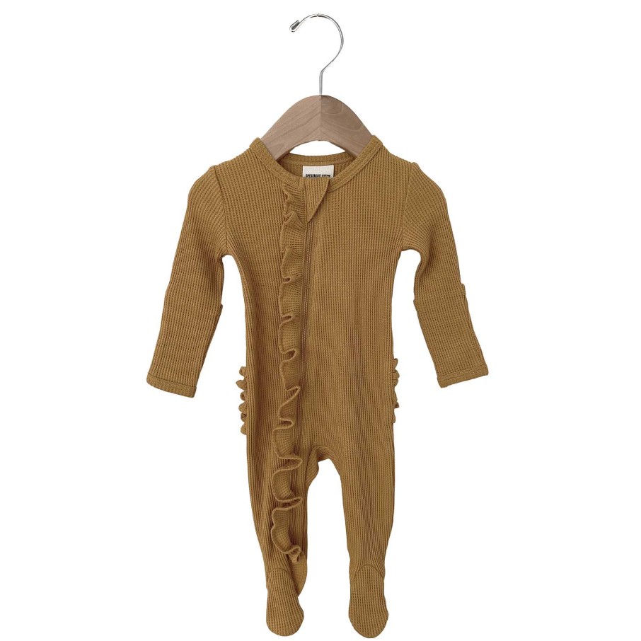 Girl SpearmintLOVE | Organic Waffle Ruffle Zip Footie, Honey