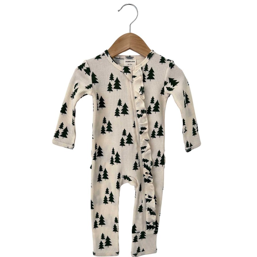 Girl SpearmintLOVE | Organic Waffle Ruffle Zip Romper, Forest Green Trees