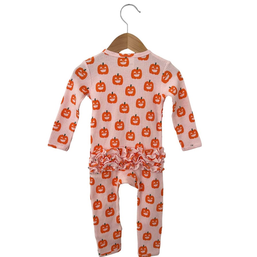 Girl SpearmintLOVE | Organic Waffle Ruffle Zip Romper, Blush Jack-O-Lantern