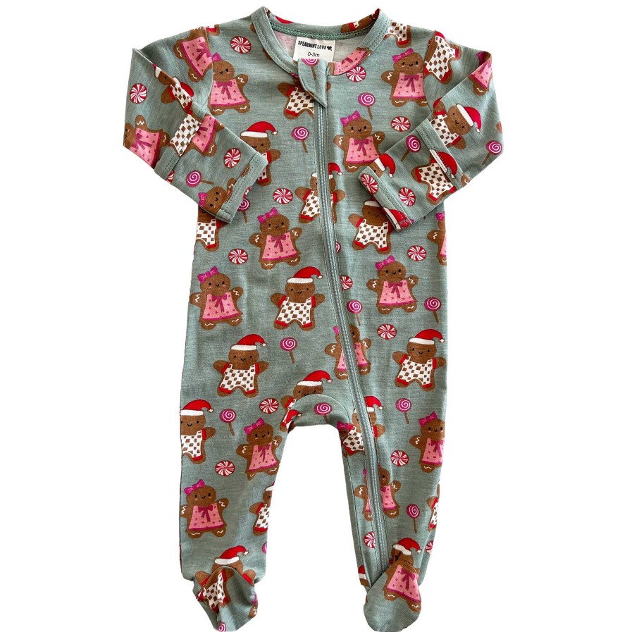 Boy SpearmintLOVE | 2-Way Zip Footie, Gingerbread Friends Green