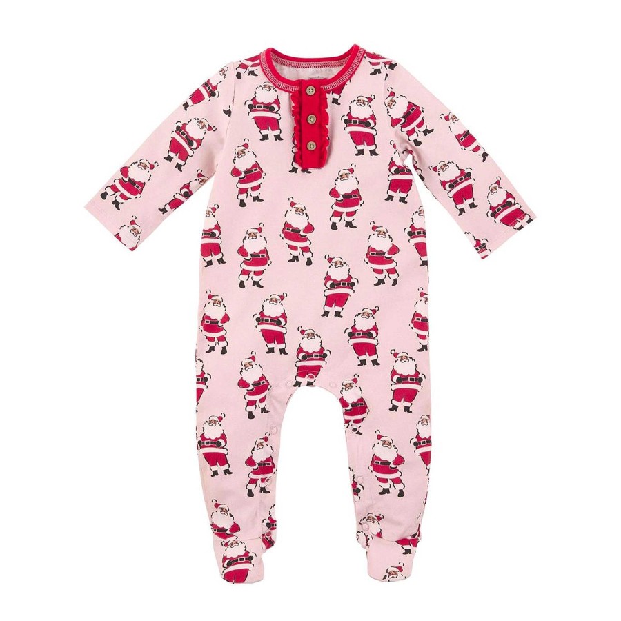 Girl Mud Pie | Footed Romper, Pink Santa