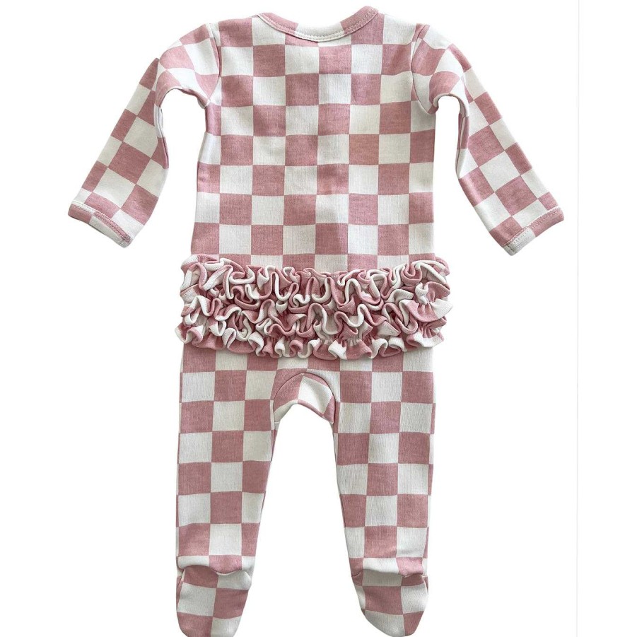 Girl SIIX Collection | Strawberry Shortcake Checkerboard / Organic Frill Zip Footie