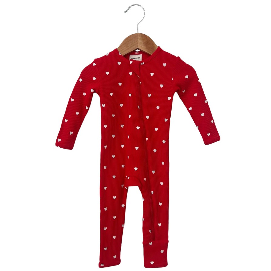 Boy SpearmintLOVE | Organic Waffle Basic Zip Romper, Little White Heart (On Red)