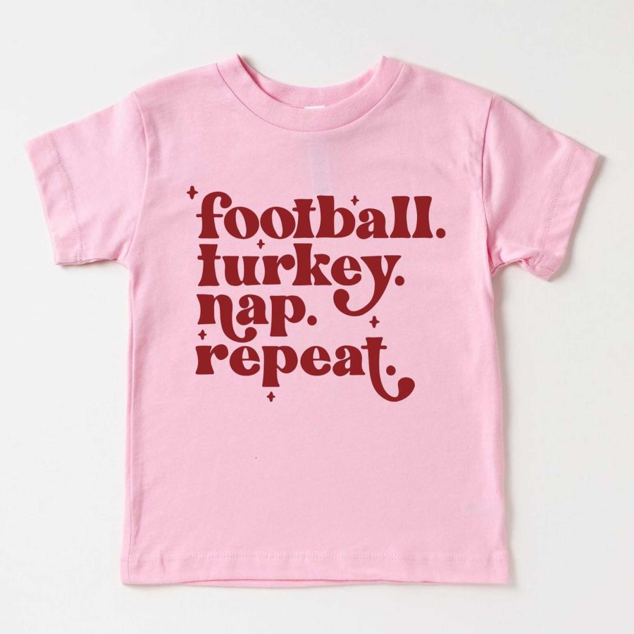 Girl Benny & Ray Apparel | Kid'S Thanksgiving Graphic Short Sleeve Tee, Football Turkey Nap / Pink