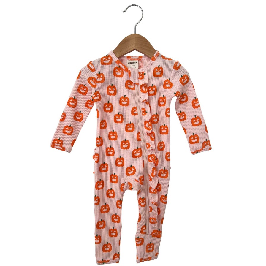 Girl SpearmintLOVE | Organic Waffle Ruffle Zip Romper, Blush Jack-O-Lantern