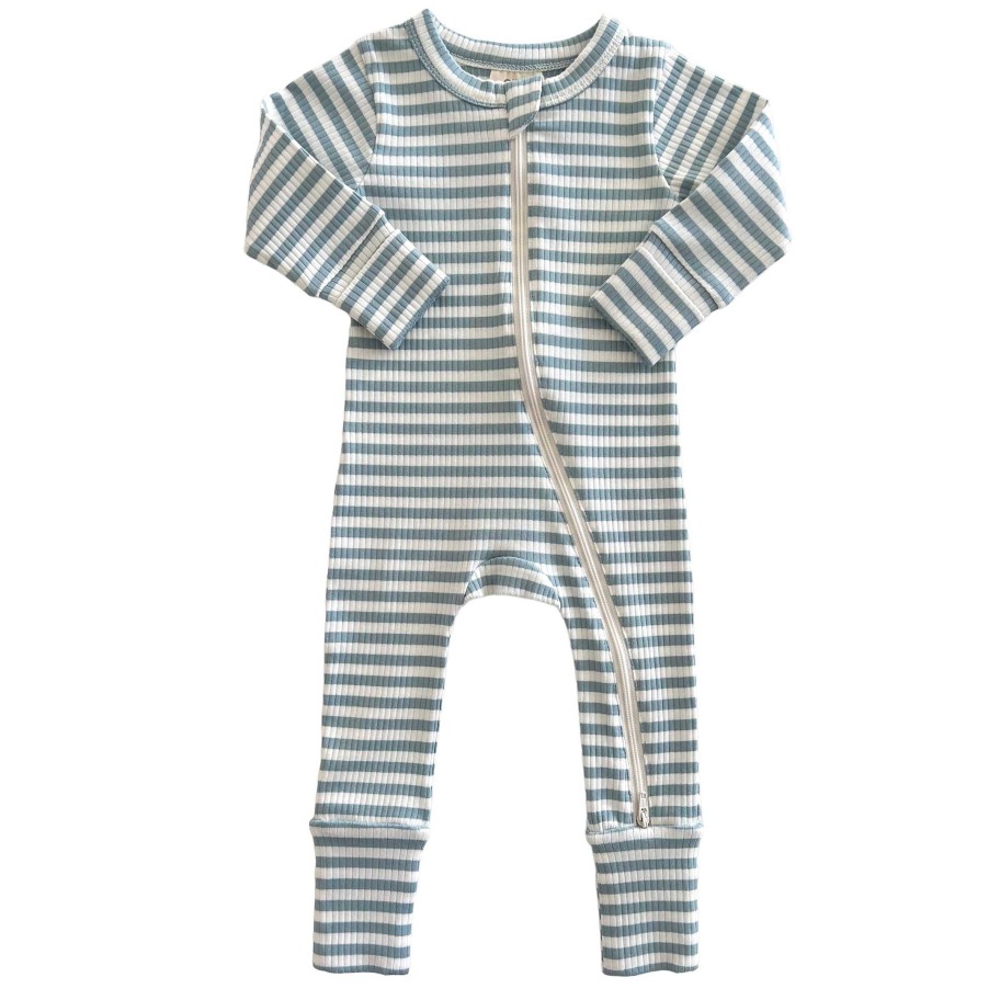 Boy SIIX Collection | Dusty Blue Stripe / Organic Ribbed 2-Way Zip Romper