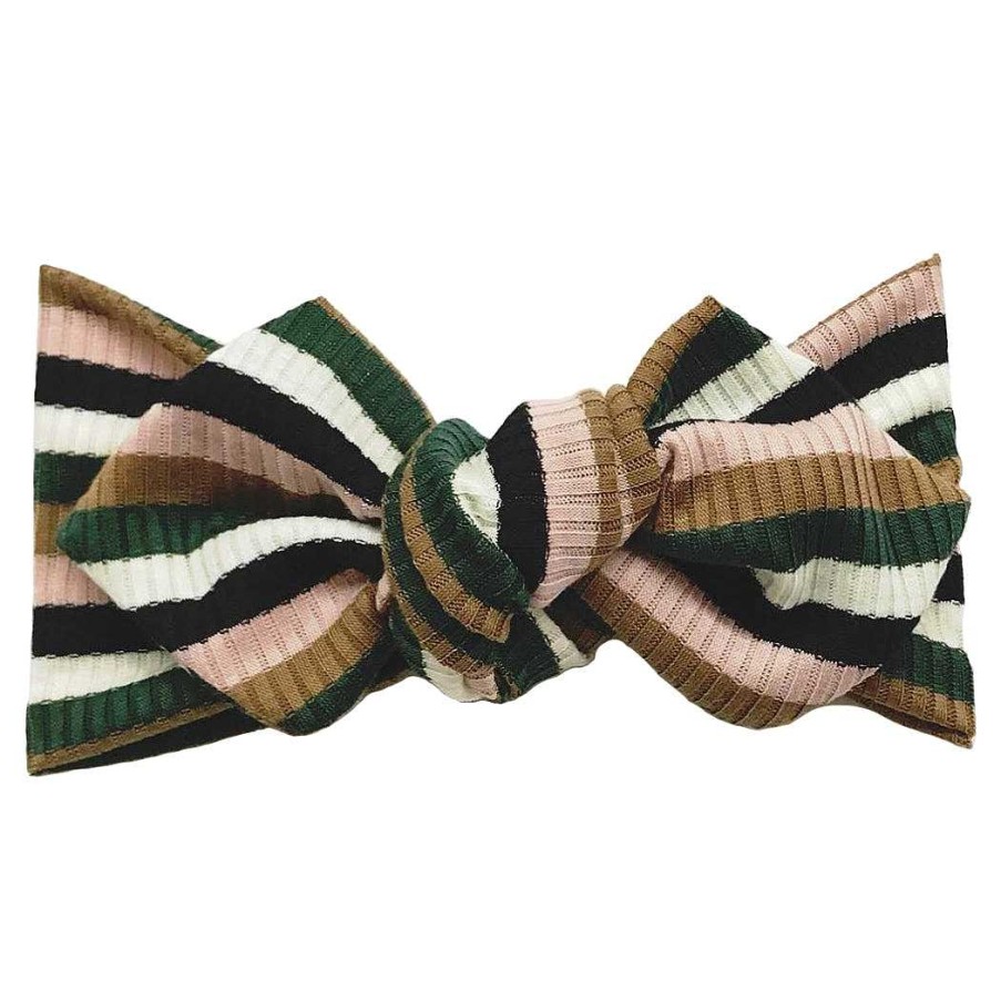 Girl Eyee Kids | Top Knot Headband, Ribbed Green Neutral Stripes