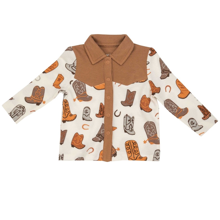 Boy Angel Dear | Thermal Cowboy Snap Button Down, Brown Cowboy Boots