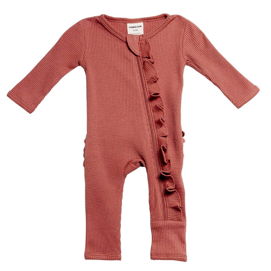 Girl SpearmintLOVE | Organic Waffle Ruffle Zip Romper, Dusty Rose