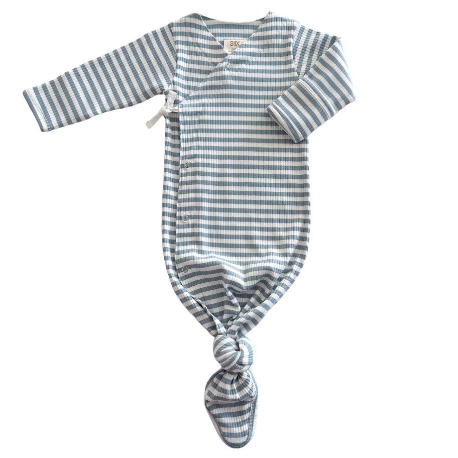 Boy SIIX Collection | Dusty Blue Stripe / Organic Ribbed Kimono Knot Gown