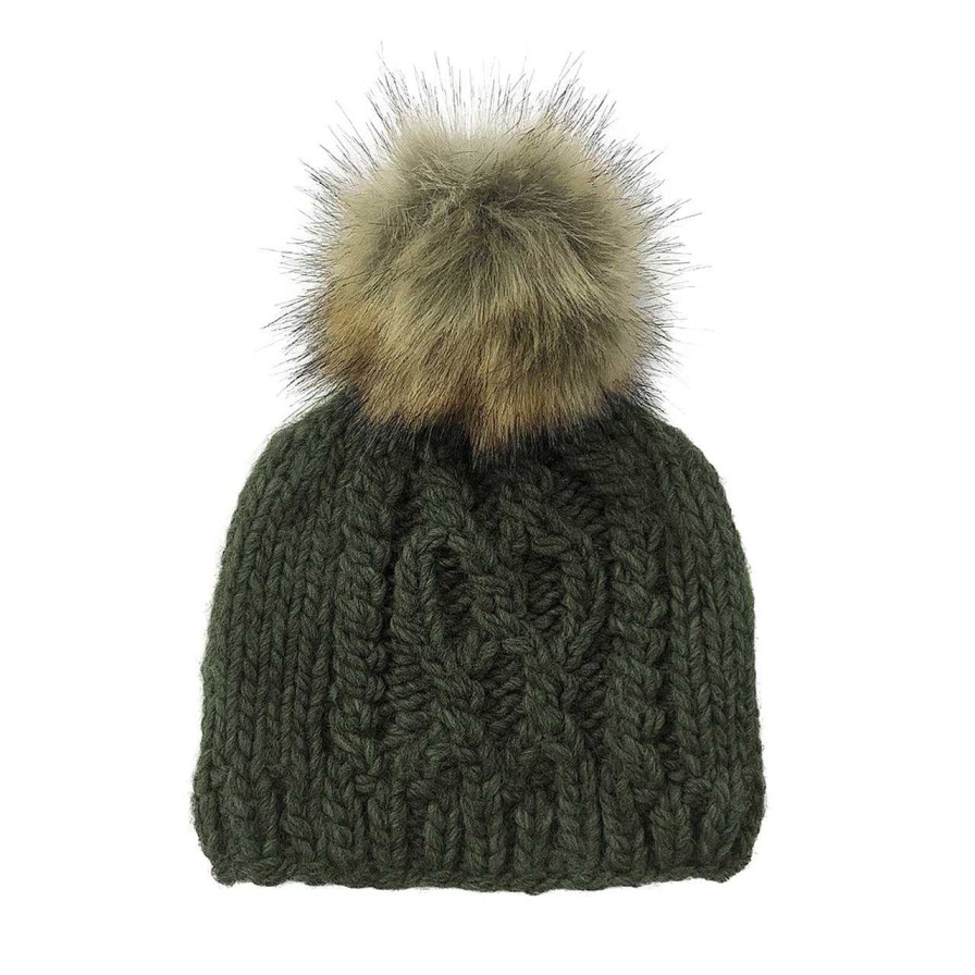 Accessories The Blueberry Hill | Cable Knit Fur Pom Hat, Rifle Green