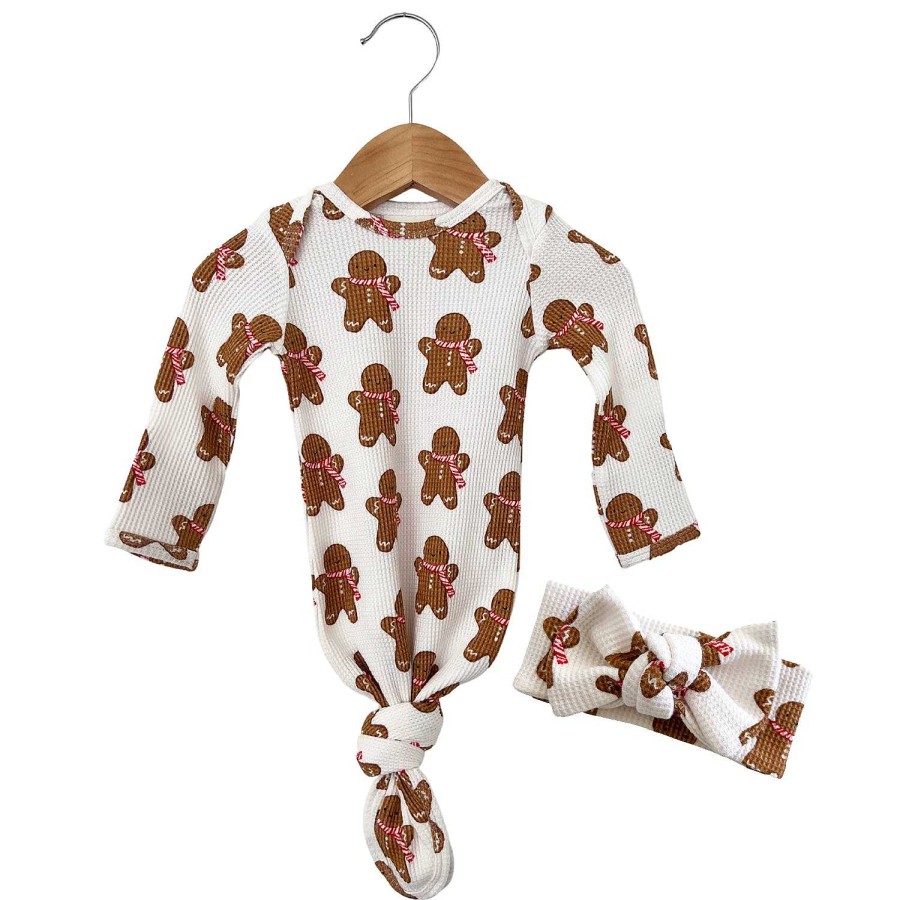 Girl SpearmintLOVE | Organic Waffle Knotted Gown & Bow Set, Gingerbread Man