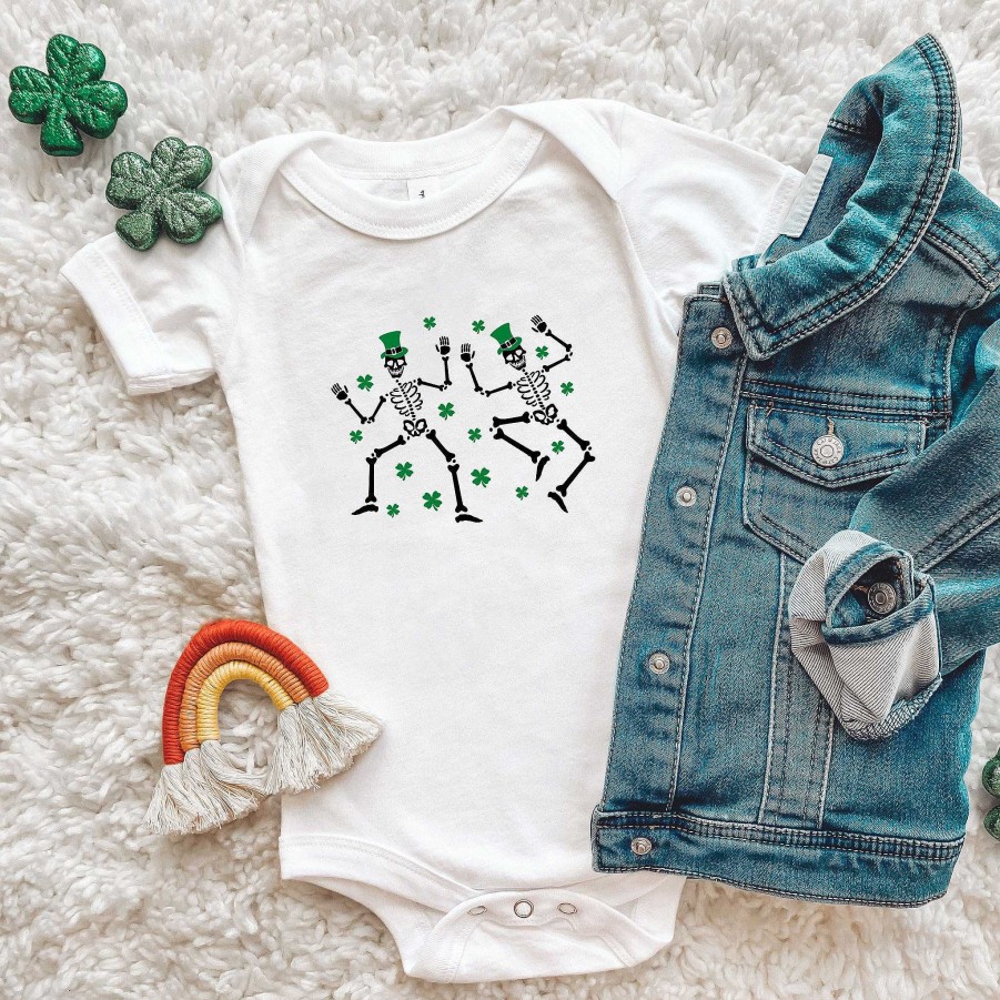 Boy The Juniper Shop | Shamrocks And Dancing Skeletons Short Sleeve Bodysuit, White