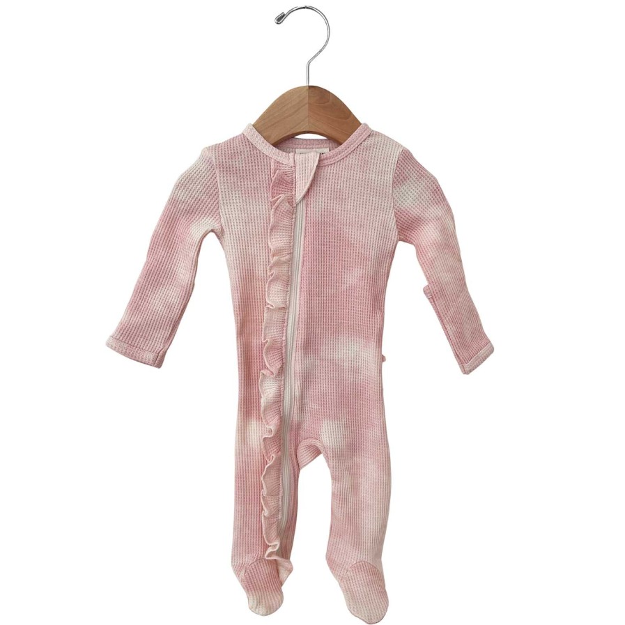 Girl SpearmintLOVE | Organic Waffle Ruffle Zip Footie, Ballet Pink Tie Dye