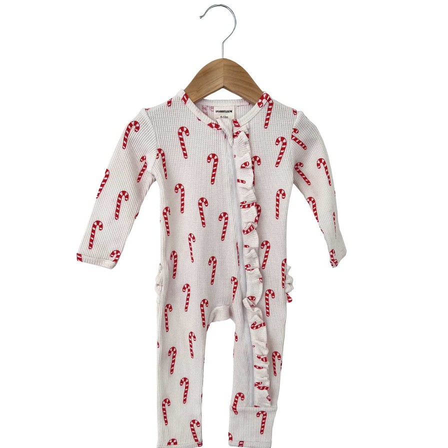 Girl SpearmintLOVE | Organic Waffle Ruffle Zip Romper, Candy Cane