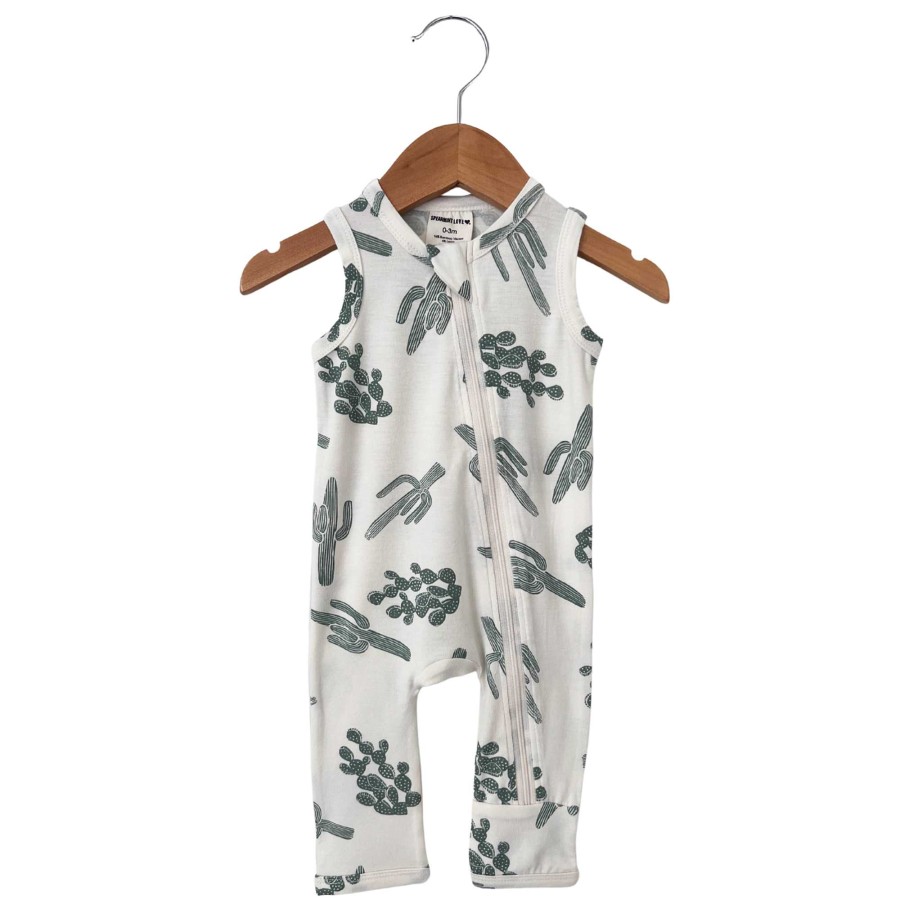 Boy SpearmintLOVE | Sleeveless Zip Romper, Green Cactus