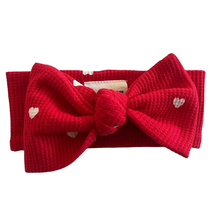 Girl SpearmintLOVE | Organic Waffle Knot Bow, Little White Heart (On Red)