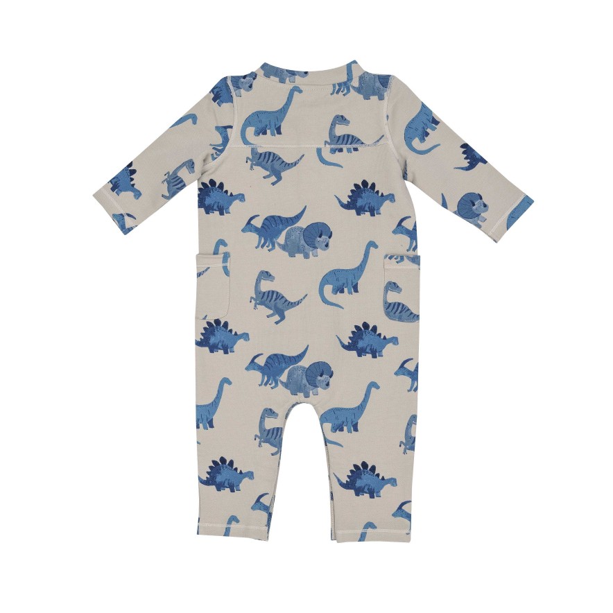 Boy Angel Dear | French Terry Henley Romper, Blue Dinos