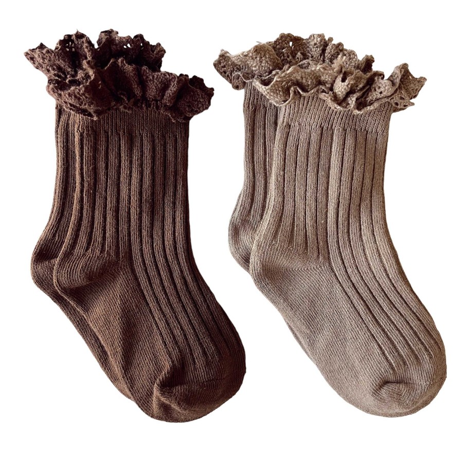 Accessories Sold by SpearmintLOVE | 2-Pack Lace Trim Ribbed Socks, Clay & Brown