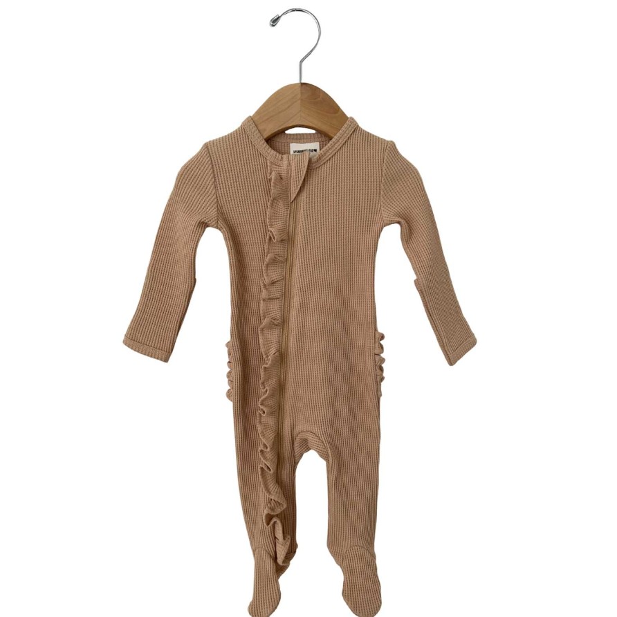 Girl SpearmintLOVE | Organic Waffle Ruffle Zip Footie, Tan