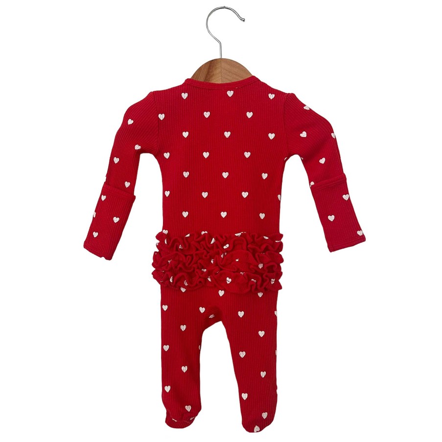 Girl SpearmintLOVE | Organic Waffle Ruffle Zip Footie, Little White Heart (On Red)