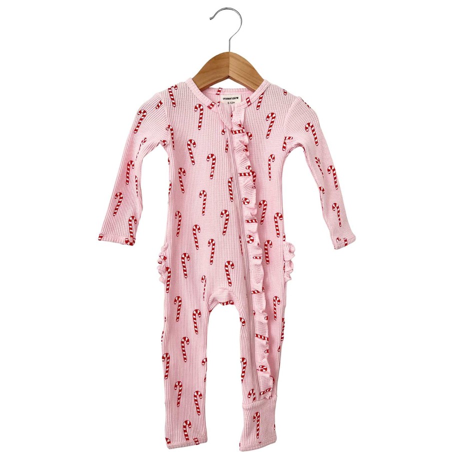 Girl SpearmintLOVE | Organic Waffle Ruffle Zip Romper, Pink Candy Cane