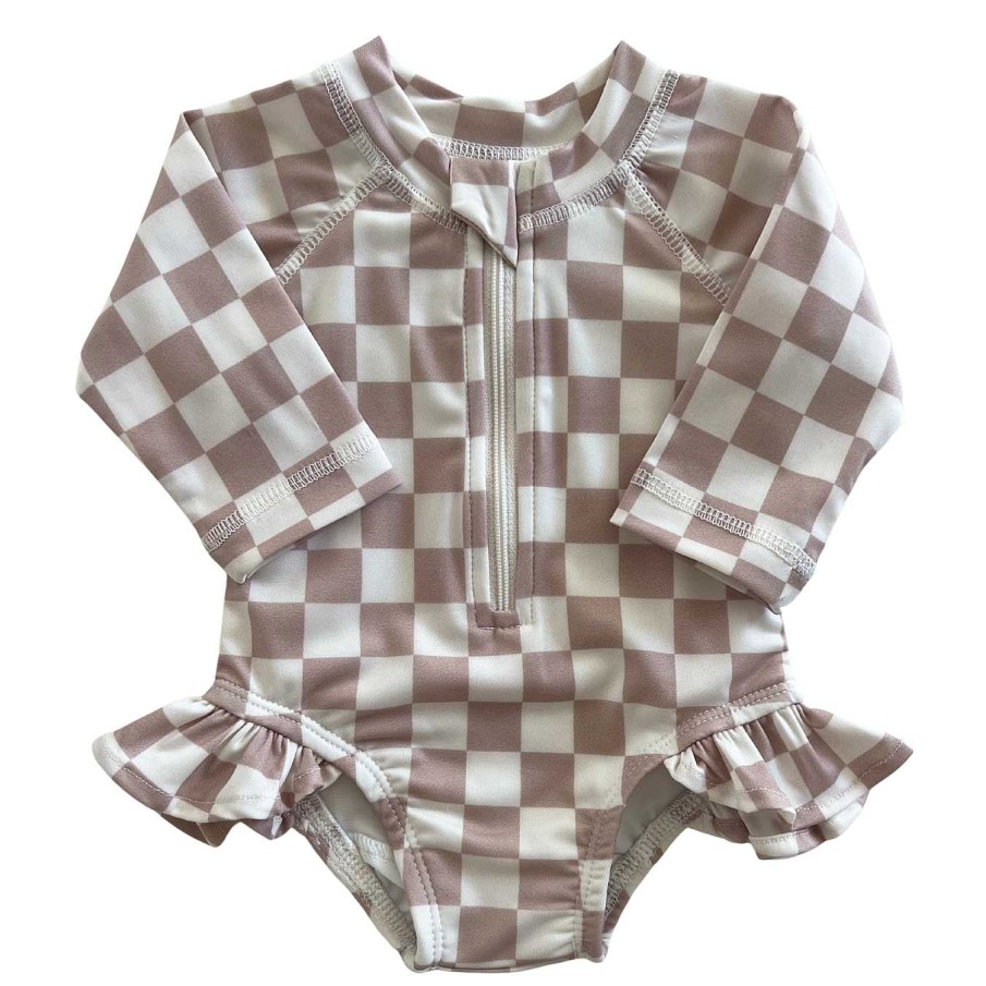 Girl SIIX Collection | Tiramisu Checkerboard / Skipper Rashguard Swimsuit / Upf 50+