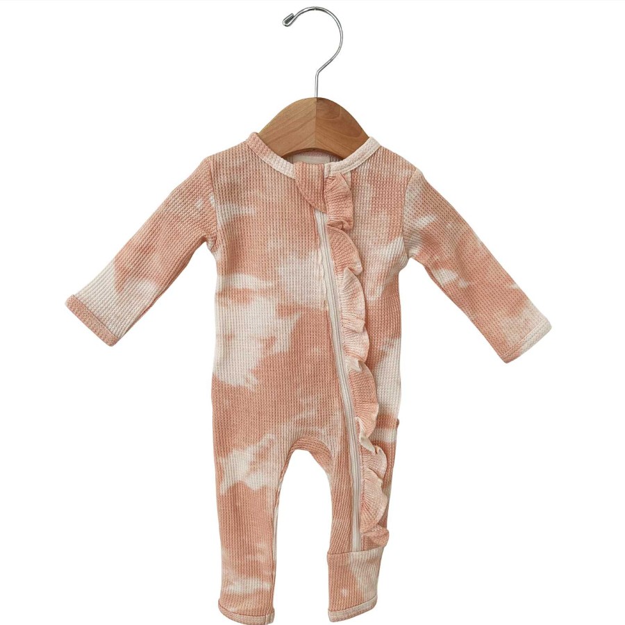 Girl SpearmintLOVE | Organic Waffle Ruffle Zip Romper, Pink Lemonade Tie Dye