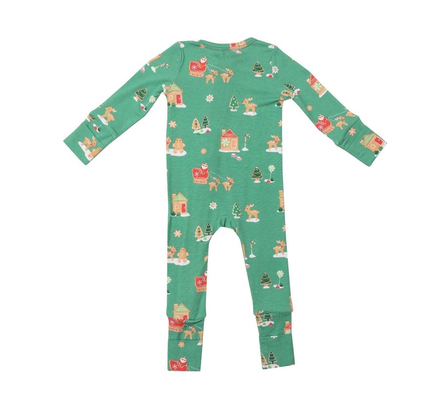 Boy Angel Dear | 2 Way Zip Romper, Green Gingerbread Sleigh