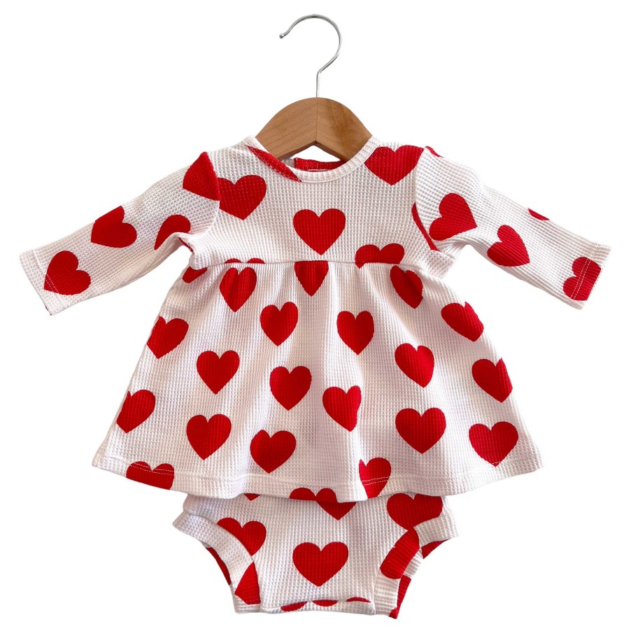 Girl SpearmintLOVE | Organic Waffle Simple Dress & Bloomer, Red Heart