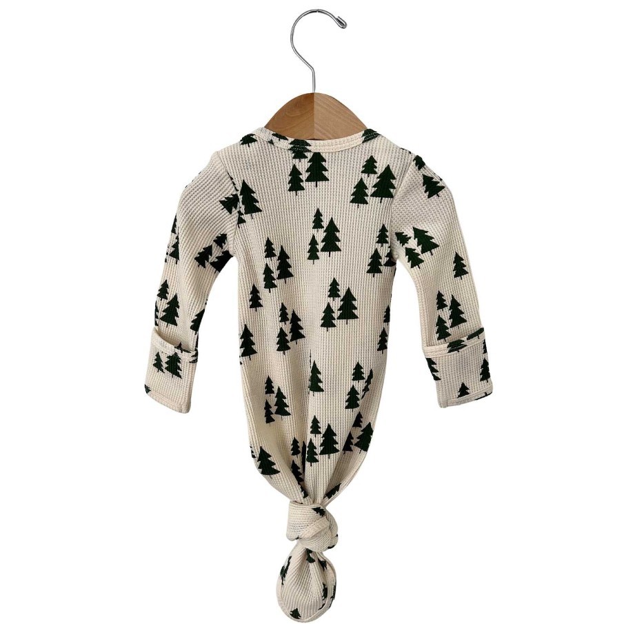 Boy SpearmintLOVE | Organic Waffle Knotted Gown, Forest Green Trees