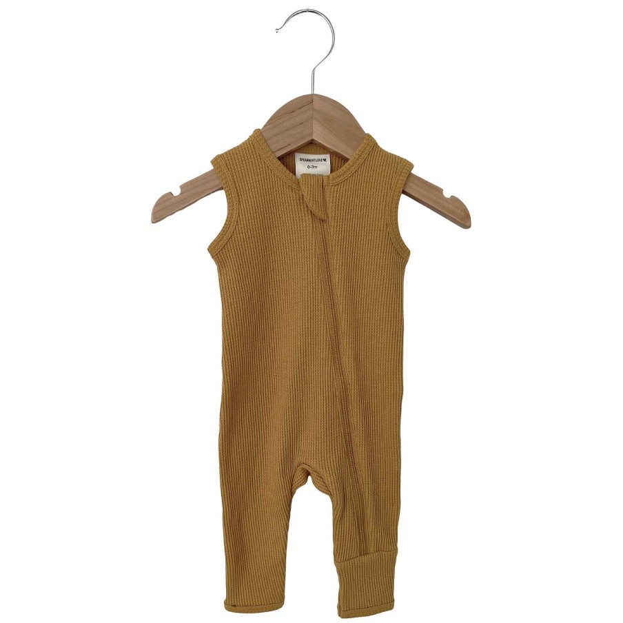 Boy SpearmintLOVE | Organic Waffle Sleeveless Zip Romper, Honey