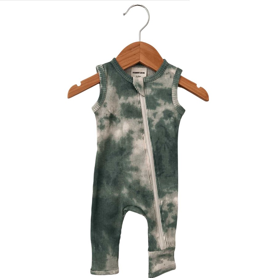 Boy SpearmintLOVE | Organic Waffle Sleeveless Zip Romper, Matcha Tie Dye