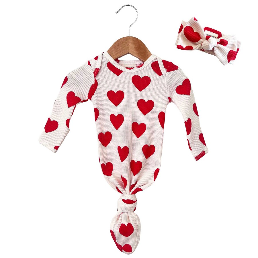 Girl SpearmintLOVE | Organic Waffle Knotted Gown & Bow Set, Red Heart