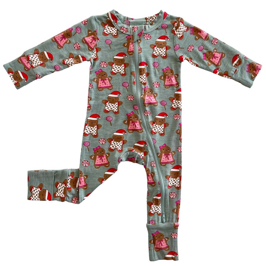 Girl SpearmintLOVE | 2-Way Convertible Zip Romper, Gingerbread Friends Green