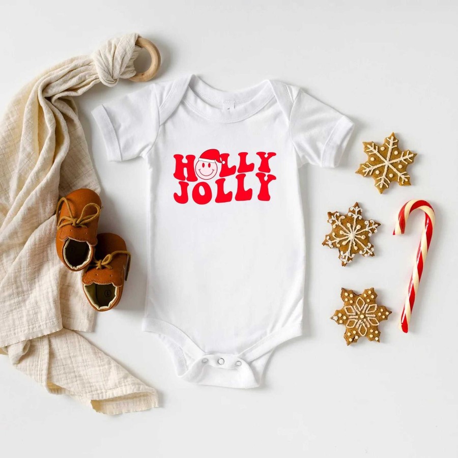 Boy The Juniper Shop | Holly Jolly Happy Face Short Sleeve Bodysuit, White