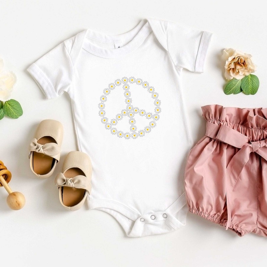 Girl The Juniper Shop | Daisy Peace Sign Short Sleeve Bodysuit, White