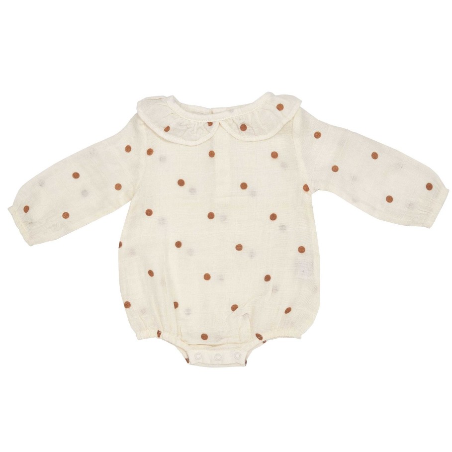 Girl Angel Dear | Muslin Ruffle Collar Bubble Bodysuit, Cashew Polka Dot