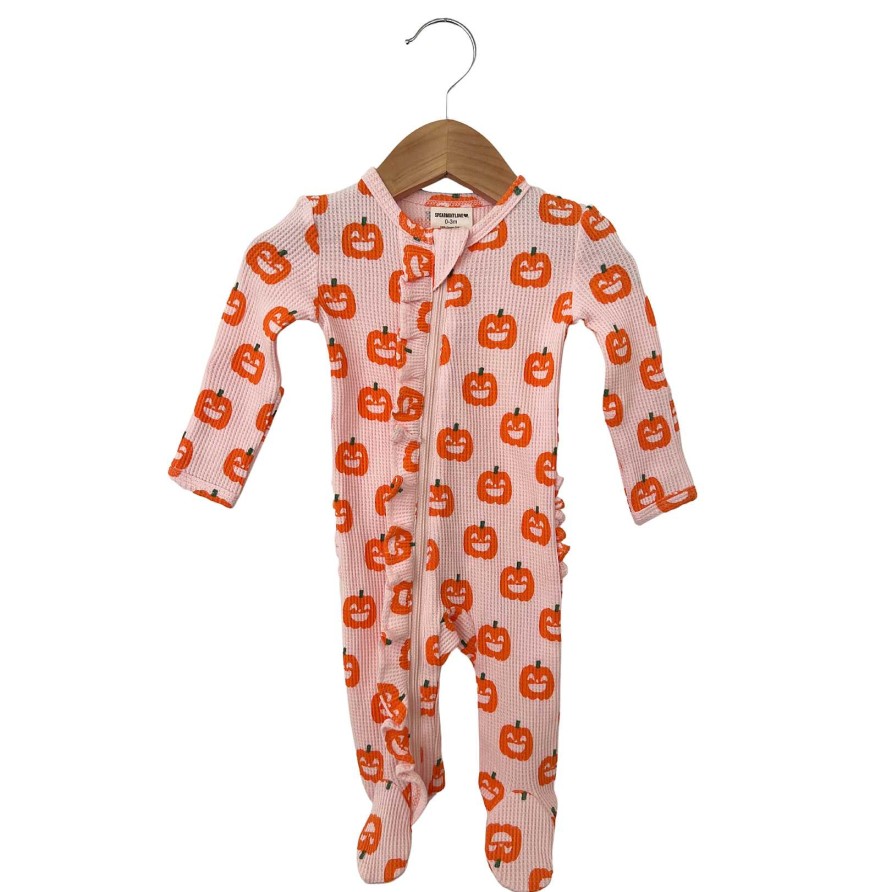 Girl SpearmintLOVE | Organic Waffle Ruffle Zip Footie, Blush Jack-O-Lantern