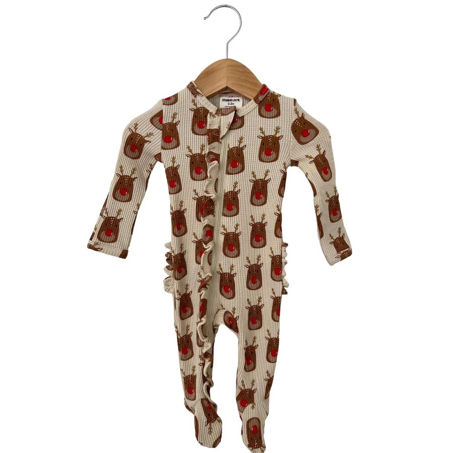 Girl SpearmintLOVE | Organic Waffle Ruffle Zip Footie, Reindeer