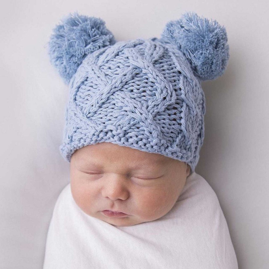 Accessories Huggalugs | Cable Knit Newborn Pom Hat, Chambray