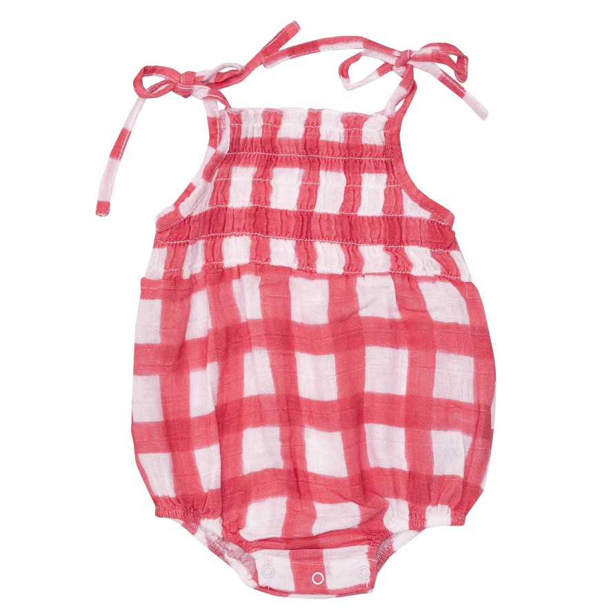 Girl Angel Dear | Tie Strap Smocked Bubble Sunsuit, Painted Gingham Red